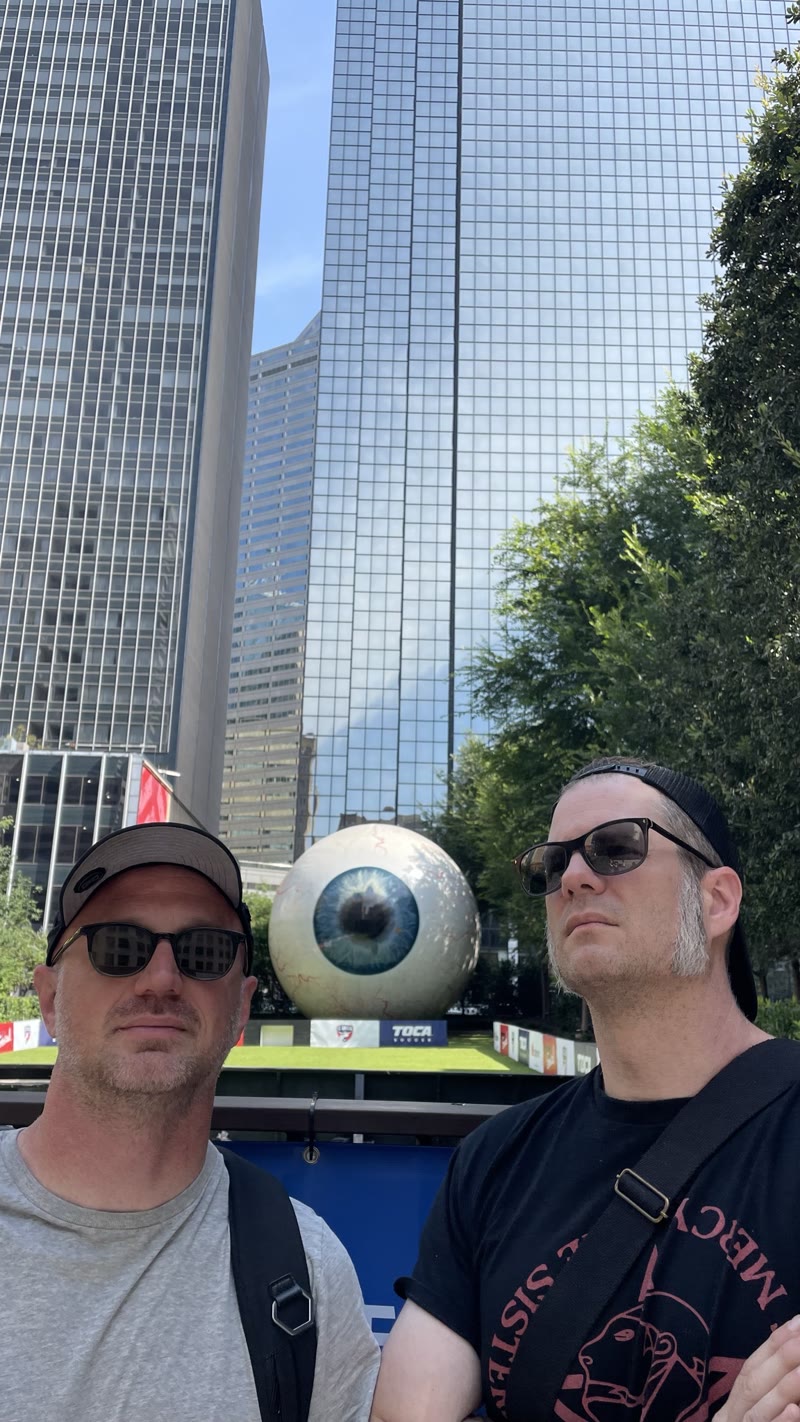 Tim and Dan in front of the Giant Eyeball sculpture in Dallas